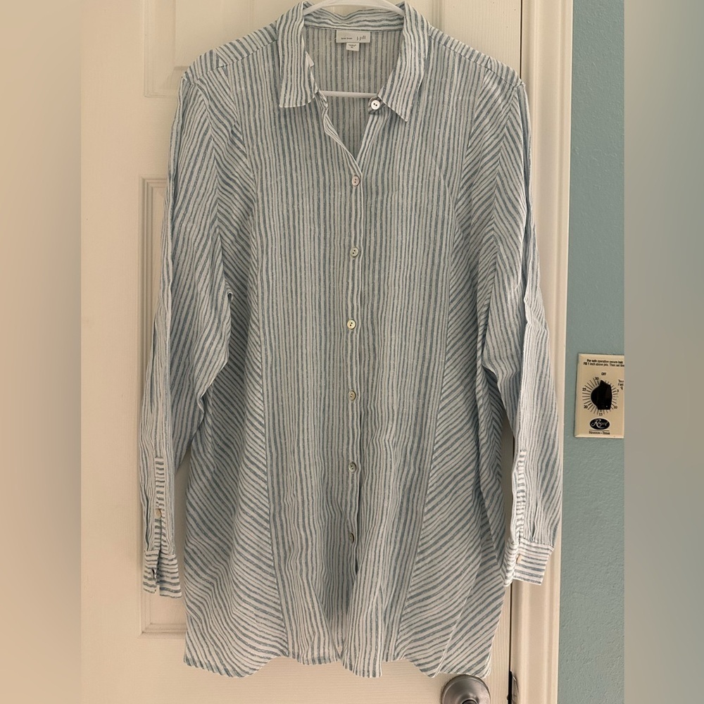 J. Jill Love Linen Blue White Stripe Long Sleeve Button Front Shirt Size XL